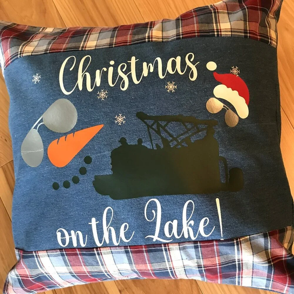 Holiday Lake Scene Pillow Cover, Appliqued Christmas on the Lake w/Pontoon 18x18